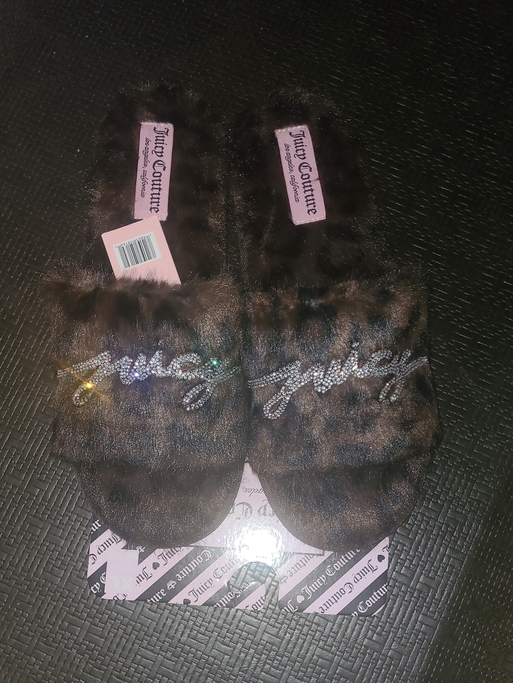 Juicy Couture Brown Faux-Fur Slide Slippers with Crystal Logo - Size XL